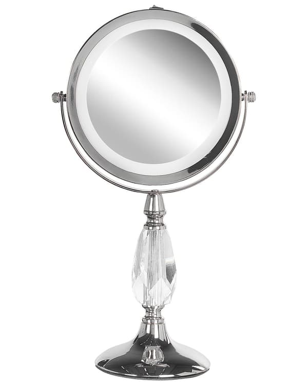 Makeup Spejl Sølv Jern Metal ø 13 cm Rund Lille Forstørrelses Spejl med LED Lys 1x/5x Sminkespejl Dobbeltsidet Kosmetik til Sminkebord