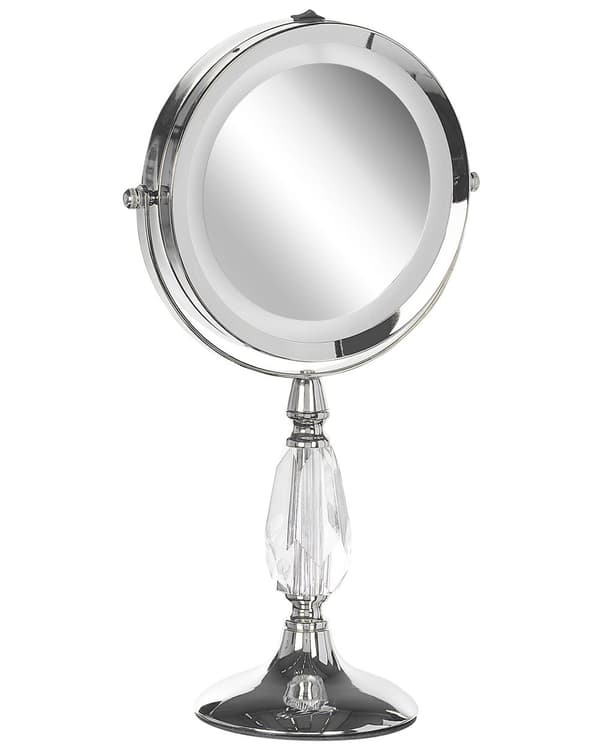 Makeup Spejl Sølv Jern Metal ø 13 cm Rund Lille Forstørrelses Spejl med LED Lys 1x/5x Sminkespejl Dobbeltsidet Kosmetik til Sminkebord