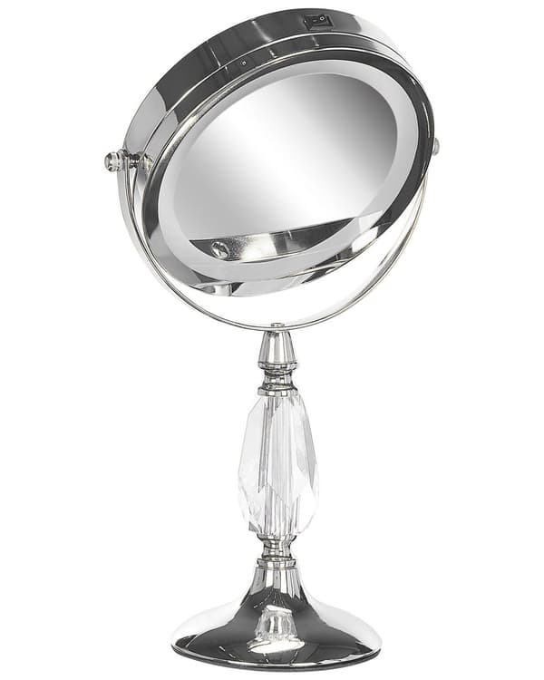 Makeup Spejl Sølv Jern Metal ø 13 cm Rund Lille Forstørrelses Spejl med LED Lys 1x/5x Sminkespejl Dobbeltsidet Kosmetik til Sminkebord