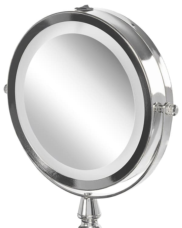 Makeup Spejl Sølv Jern Metal ø 13 cm Rund Lille Forstørrelses Spejl med LED Lys 1x/5x Sminkespejl Dobbeltsidet Kosmetik til Sminkebord