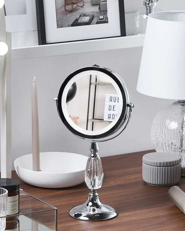 Makeup Spejl Sølv Jern Metal ø 13 cm Rund Lille Forstørrelses Spejl med LED Lys 1x/5x Sminkespejl Dobbeltsidet Kosmetik til Sminkebord