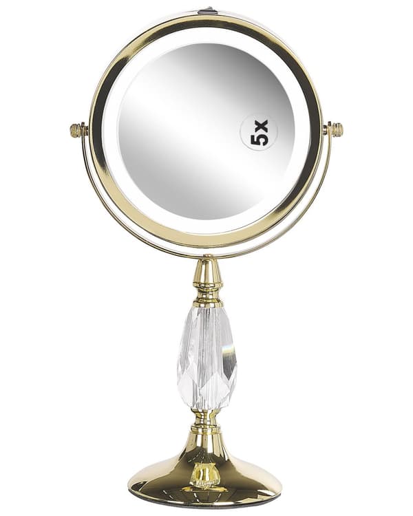 Makeup Spejl Guld Jern Metal Stel ø 13 cm Rund Lille Forstørrelses Spejl med LED Lys 1x/5x Sminkespejl Dobbeltsidet Kosmetik til Sminkebord