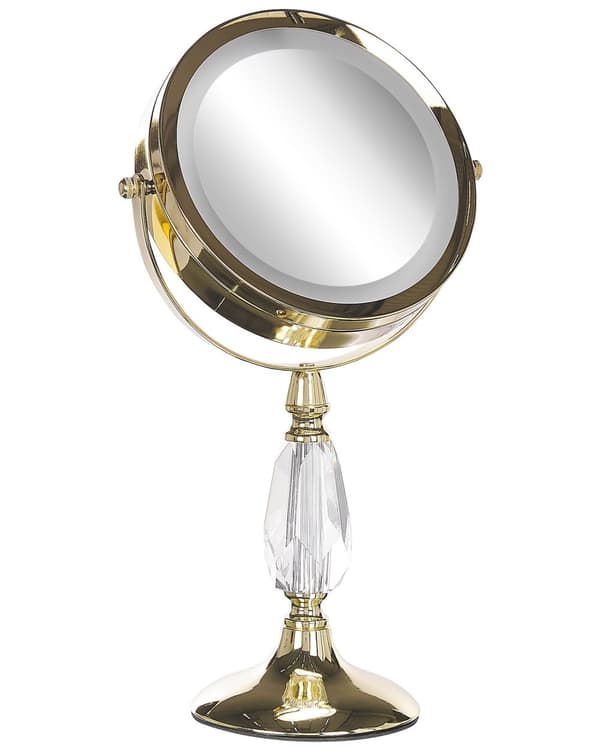 Makeup Spejl Guld Jern Metal Stel ø 13 cm Rund Lille Forstørrelses Spejl med LED Lys 1x/5x Sminkespejl Dobbeltsidet Kosmetik til Sminkebord