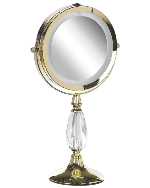 Makeup Spejl Guld Jern Metal Stel ø 13 cm Rund Lille Forstørrelses Spejl med LED Lys 1x/5x Sminkespejl Dobbeltsidet Kosmetik til Sminkebord