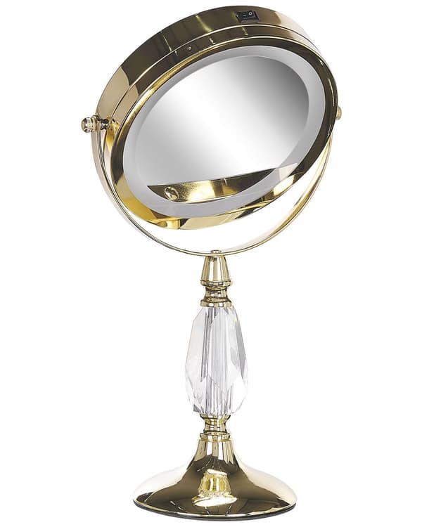 Makeup Spejl Guld Jern Metal Stel ø 13 cm Rund Lille Forstørrelses Spejl med LED Lys 1x/5x Sminkespejl Dobbeltsidet Kosmetik til Sminkebord