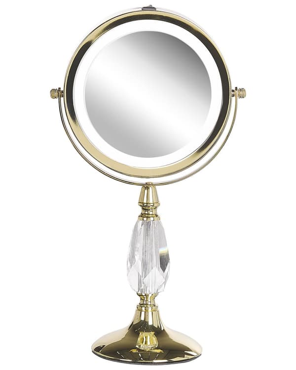 Makeup Spejl Guld Jern Metal Stel ø 13 cm Rund Lille Forstørrelses Spejl med LED Lys 1x/5x Sminkespejl Dobbeltsidet Kosmetik til Sminkebord
