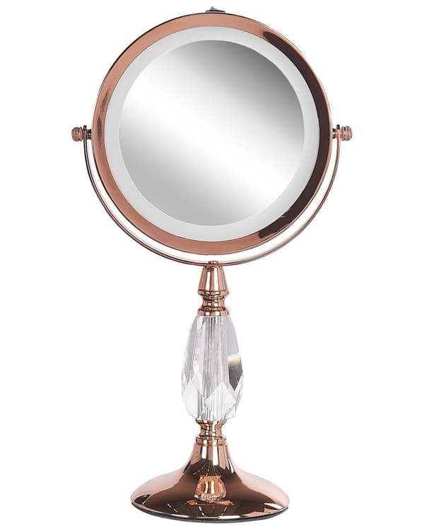 Makeup Spejl Rosaguld Jern Metal ø 13 cm Rund Lille Forstørrelses Spejl med LED Lys 1x/5x Sminkespejl Dobbeltsidet Kosmetik til Sminkebord