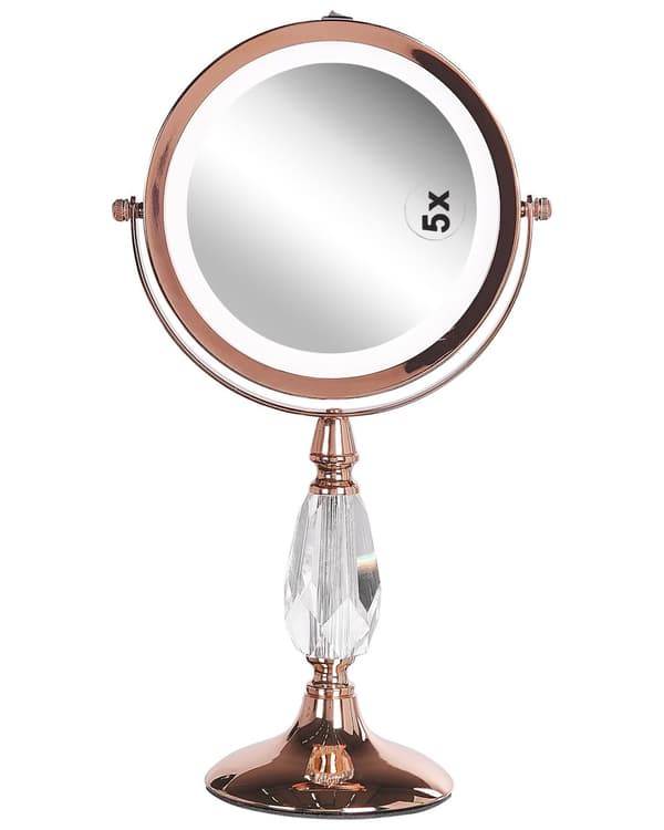 Makeup Spejl Rosaguld Jern Metal ø 13 cm Rund Lille Forstørrelses Spejl med LED Lys 1x/5x Sminkespejl Dobbeltsidet Kosmetik til Sminkebord