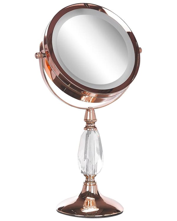 Makeup Spejl Rosaguld Jern Metal ø 13 cm Rund Lille Forstørrelses Spejl med LED Lys 1x/5x Sminkespejl Dobbeltsidet Kosmetik til Sminkebord