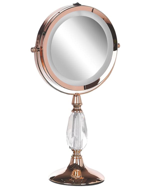 Makeup Spejl Rosaguld Jern Metal ø 13 cm Rund Lille Forstørrelses Spejl med LED Lys 1x/5x Sminkespejl Dobbeltsidet Kosmetik til Sminkebord