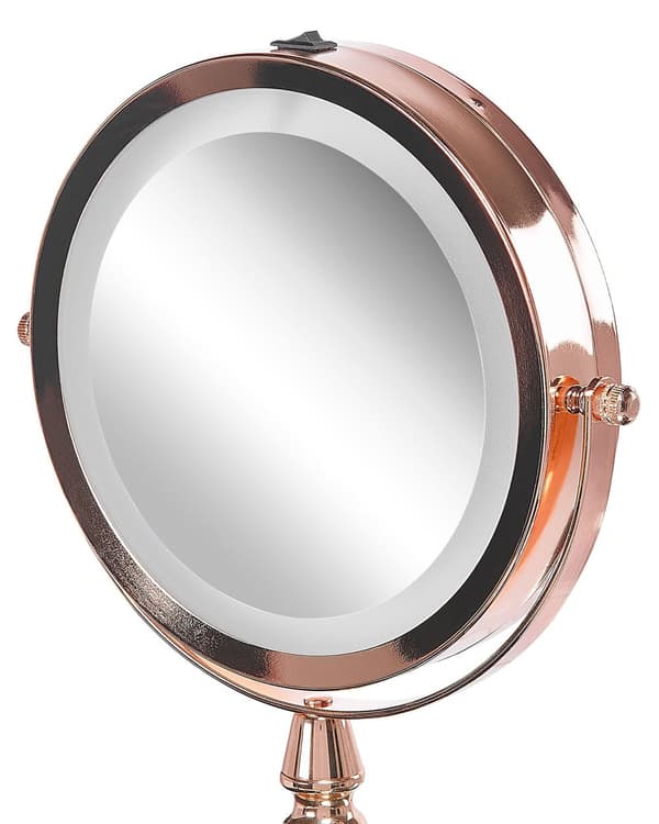 Makeup Spejl Rosaguld Jern Metal ø 13 cm Rund Lille Forstørrelses Spejl med LED Lys 1x/5x Sminkespejl Dobbeltsidet Kosmetik til Sminkebord