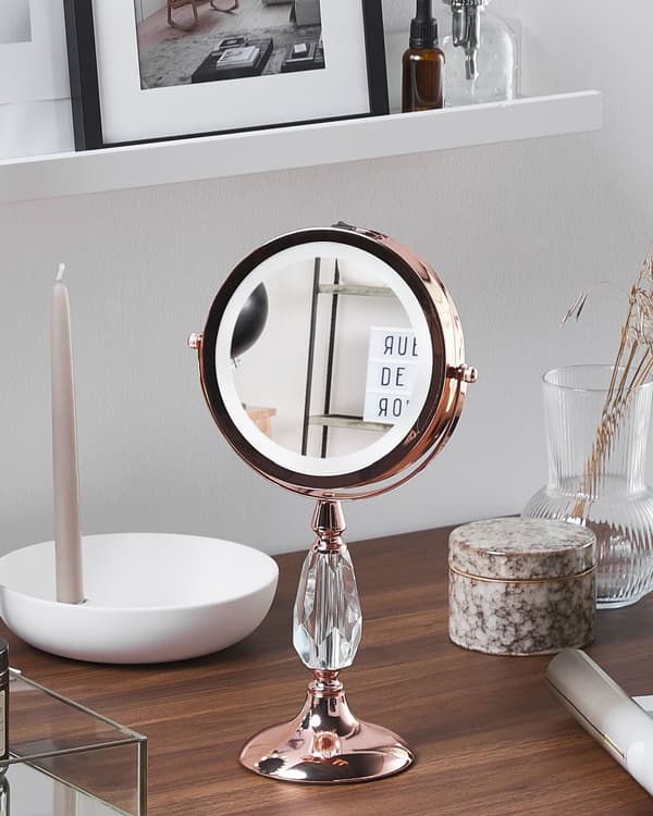 Makeup Spejl Rosaguld Jern Metal ø 13 cm Rund Lille Forstørrelses Spejl med LED Lys 1x/5x Sminkespejl Dobbeltsidet Kosmetik til Sminkebord