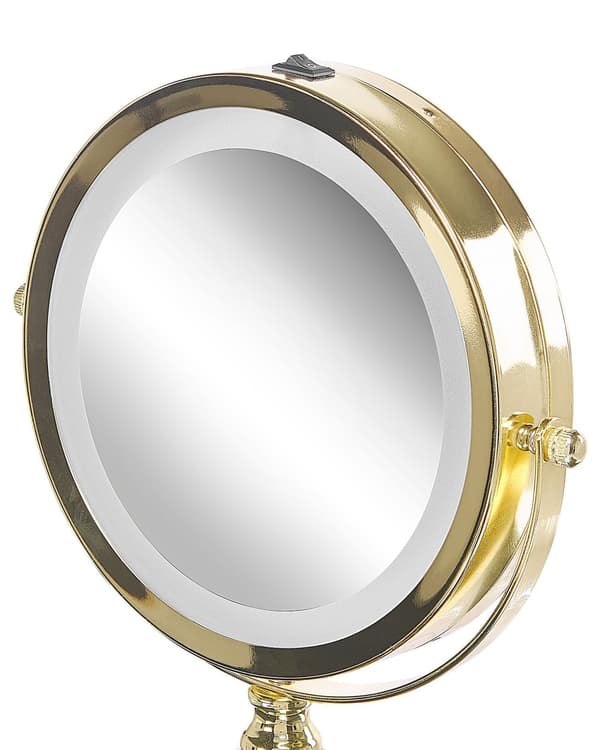 Sminkespeil Gull Jern Metallramme ø 13 cm LED-lys Dobbeltsidig 360° rotering Forstørrelsesside Tilbehør Baderom Sminkebord