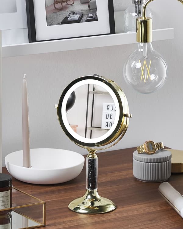 Sminkespeil Gull Jern Metallramme ø 13 cm LED-lys Dobbeltsidig 360° rotering Forstørrelsesside Tilbehør Baderom Sminkebord