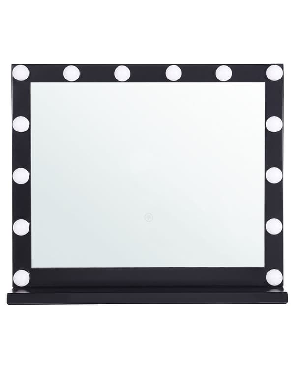 Sminkespeil med LED-lys Svart Metall 50 x 60 cm Rektangulært Speil med belysning Hylle for oppbevaring Sminkebord Glam