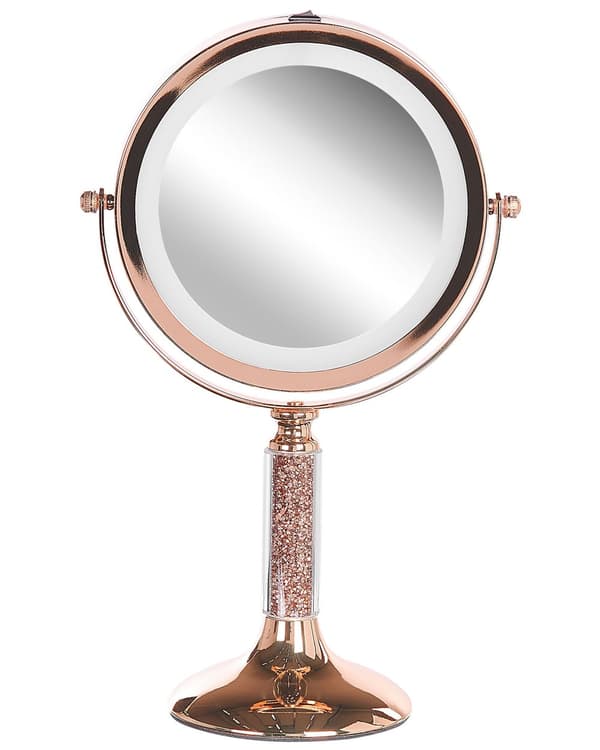 Sminkespeil Rosa Jern Metallramme ø 13 cm LED-lys Dobbeltsidig 360° rotering Forstørrelsesside Tilbehør Baderom Sminkebord