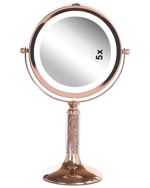 Sminkespeil Rosa Jern Metallramme ø 13 cm LED-lys Dobbeltsidig 360° rotering Forstørrelsesside Tilbehør Baderom Sminkebord