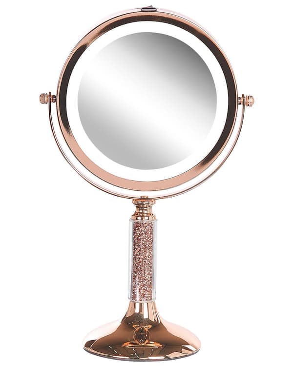 Sminkespeil Rosa Jern Metallramme ø 13 cm LED-lys Dobbeltsidig 360° rotering Forstørrelsesside Tilbehør Baderom Sminkebord