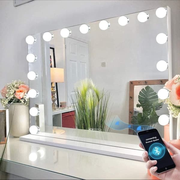 Bluetooth Hollywood -peili valaistuksella, 15 himmennettävää LED-lamppua 58 x 46cm + Bluetooth Speaker