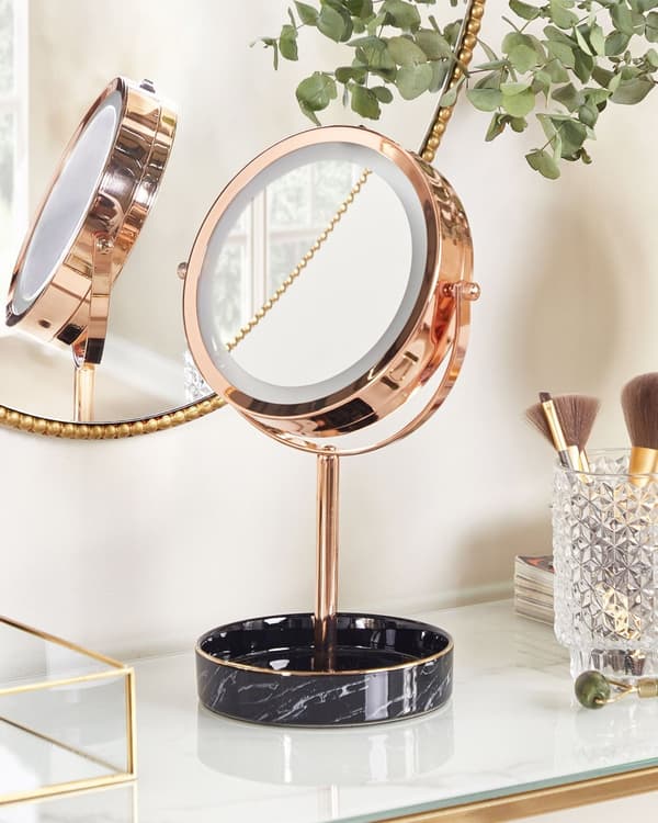 Makeup Spejl Rose Guld Jern Metal Stel Keramisk Base ø 20 cm med LED Lys 1x/5x Forstørrelse Dobbeltsidet