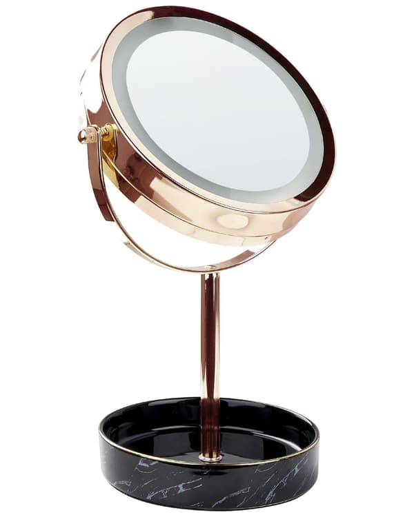 Makeup Spejl Rose Guld Jern Metal Stel Keramisk Base ø 20 cm med LED Lys 1x/5x Forstørrelse Dobbeltsidet