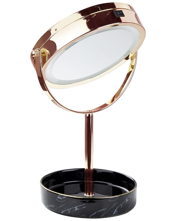 Makeup Spejl Rose Guld Jern Metal Stel Keramisk Base ø 20 cm med LED Lys 1x/5x Forstørrelse Dobbeltsidet