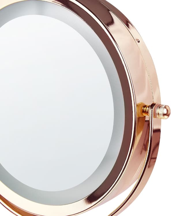 Makeup Spejl Rose Guld Jern Metal Stel Keramisk Base ø 20 cm med LED Lys 1x/5x Forstørrelse Dobbeltsidet