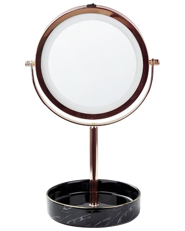 Makeup Spejl Rose Guld Jern Metal Stel Keramisk Base ø 20 cm med LED Lys 1x/5x Forstørrelse Dobbeltsidet