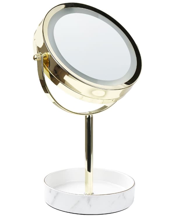 Makeup Spejl Guld og Hvid Jern Metal Stel Keramisk Base ø 20 cm med LED Lys 1x/5x Forstørrelse Dobbeltsidet