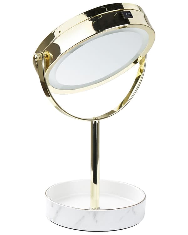 Makeup Spejl Guld og Hvid Jern Metal Stel Keramisk Base ø 20 cm med LED Lys 1x/5x Forstørrelse Dobbeltsidet