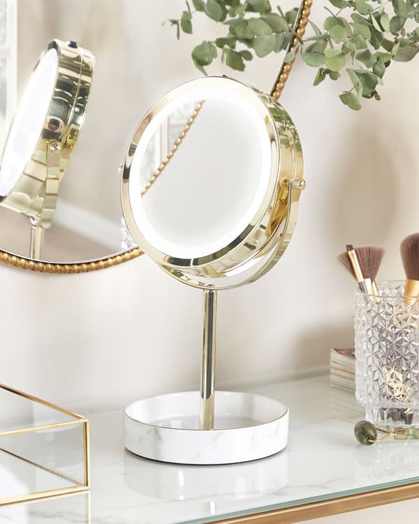 Makeup Spejl Guld og Hvid Jern Metal Stel Keramisk Base ø 20 cm med LED Lys 1x/5x Forstørrelse Dobbeltsidet