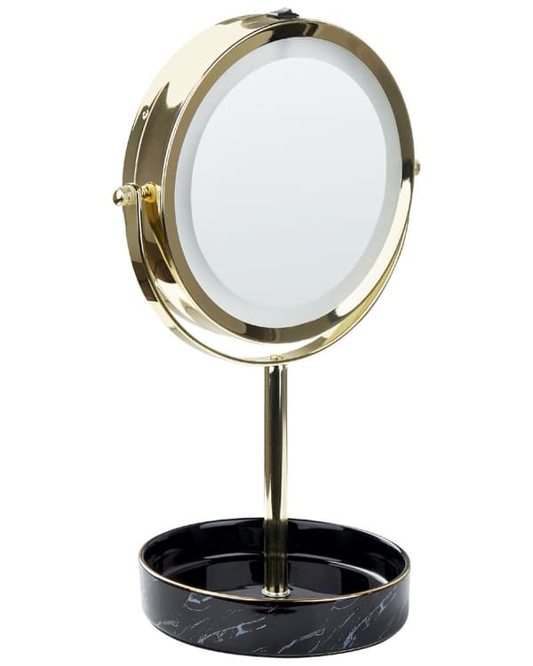 Makeup Spejl Guld og Sort Jern Metalramme Keramisk Base ø 20 cm med LED Lys 1x/5x Forstørrelse Dobbeltsidet