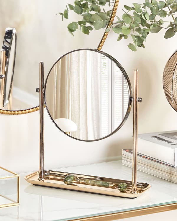 Makeup Spejl Guld Jern Metal Stel ø 20 cm med Bakke 1x/3x Forstørrelse Dobbeltsidet Kosmetisk Skrivebord