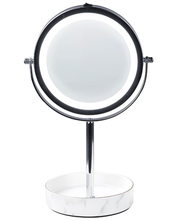 Makeup Spejl Sølv og Hvid Metal Stel Keramisk Base ø 20 cm med LED Lys 1x/5x Forstørrelse Dobbeltsidet