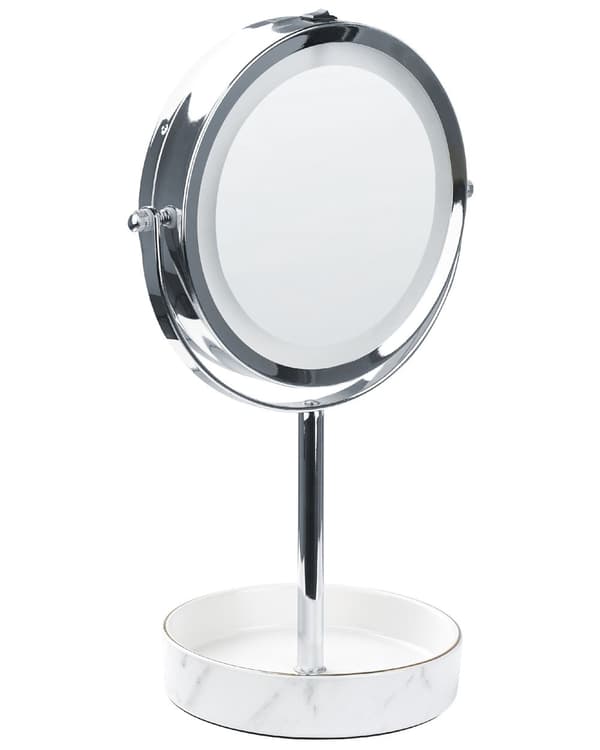 Makeup Spejl Sølv og Hvid Metal Stel Keramisk Base ø 20 cm med LED Lys 1x/5x Forstørrelse Dobbeltsidet