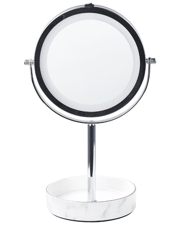 Makeup Spejl Sølv og Hvid Metal Stel Keramisk Base ø 20 cm med LED Lys 1x/5x Forstørrelse Dobbeltsidet