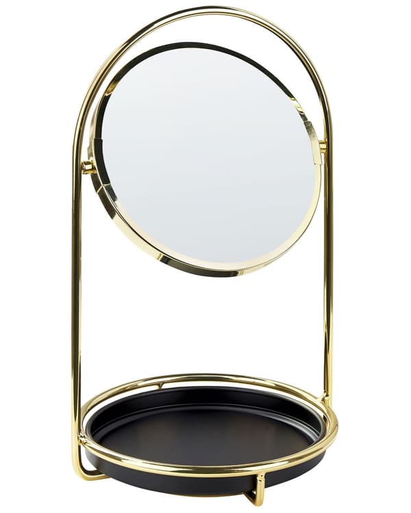 Makeup Spejl Guld Jern Metal Stel ø 15 cm med Bakke 1x/3x Forstørrelse Dobbeltsidet Kosmetisk Skrivebord