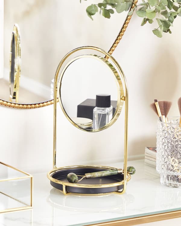 Makeup Spejl Guld Jern Metal Stel ø 15 cm med Bakke 1x/3x Forstørrelse Dobbeltsidet Kosmetisk Skrivebord