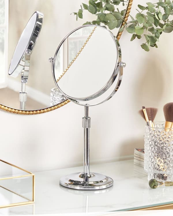 Makeup Spejl Glas Sølv Metal ø 20 cm Kosmetikspejl med Forstørrelse Dobbeltsidet Spejl til Sminkebord Design til Pigeværelse Sminkespejl