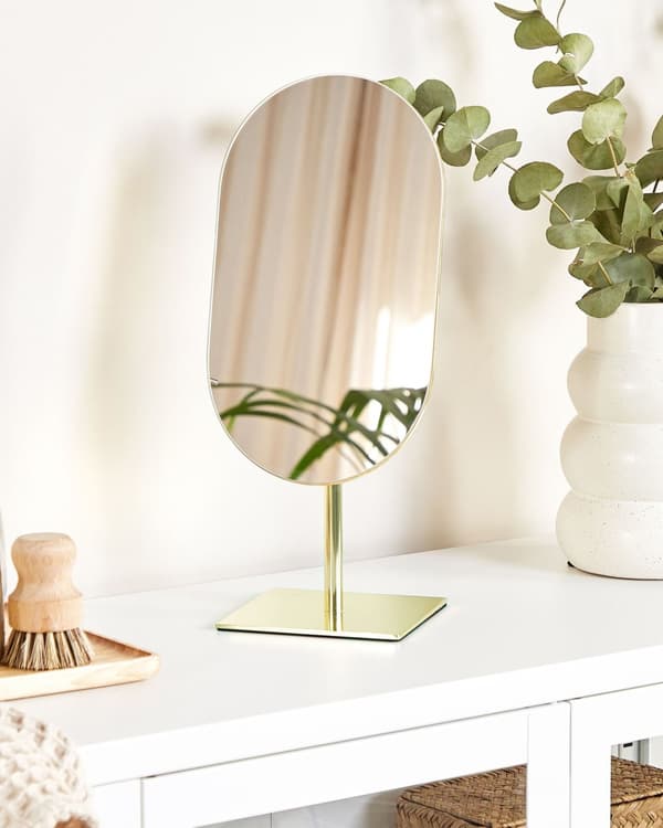 Makeup Spejl Glas Guld Metal 16 x 37 cm Kosmetikspejl i Oval Form Spejl til Sminkebord Design til Pigeværelse Sminkespejl