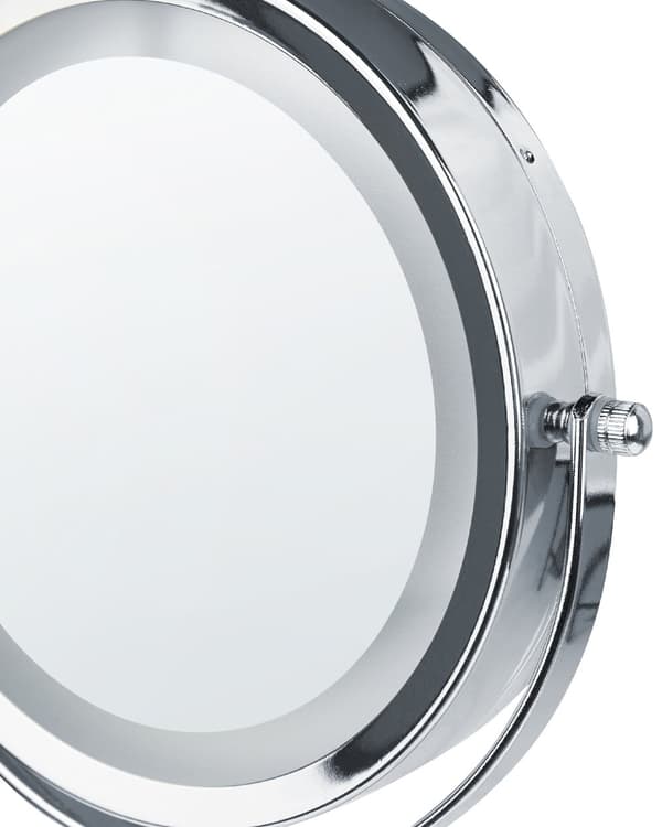 Meikkipeili hopea/valkoinen metallikehys keraaminen alusta ø 26 cm kaksipuolinen LED-valolla