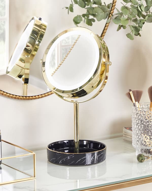 Meikkipeili kulta/musta metallikehys keraaminen alusta ø 26 cm kaksipuolinen LED-valolla