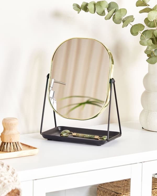 Meikkipeili kulta 24 x 31 x 24 cm metalli lasi kaksipuolinen suurentava ovaali moderni glamour