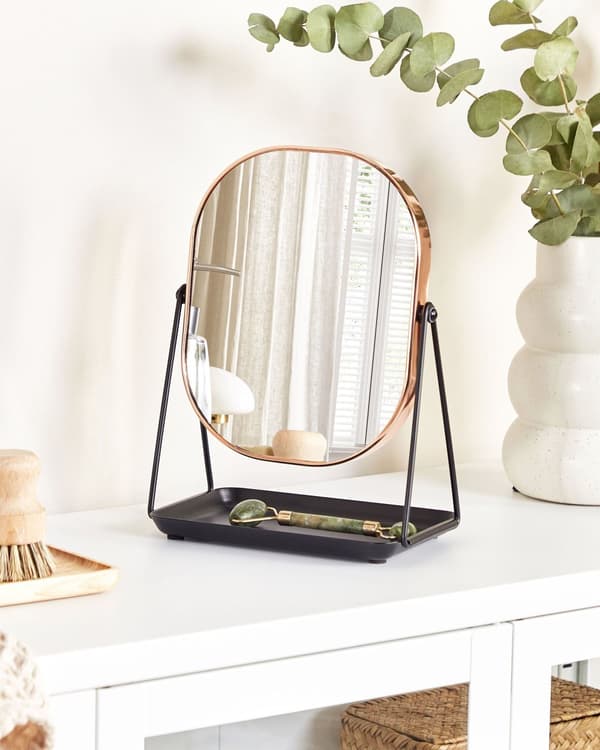 Meikkipeili ruusukulta 24 x 31 x 24 cm metalli lasi kaksipuolinen suurentava ovaali moderni glamour