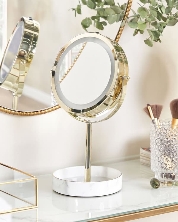 Meikkipeili kulta/valkoinen metallikehys keraaminen alusta ø 26 cm kaksipuolinen LED-valolla
