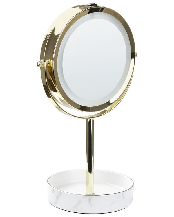 Meikkipeili kulta/valkoinen metallikehys keraaminen alusta ø 26 cm kaksipuolinen LED-valolla