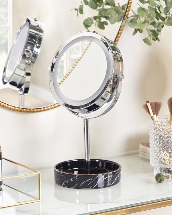Meikkipeili hopea/musta metallikehys keraaminen alusta ø 26 cm kaksipuolinen LED-valolla