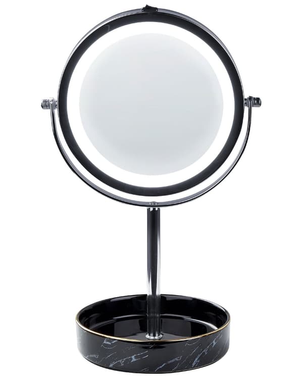 Meikkipeili hopea/musta metallikehys keraaminen alusta ø 26 cm kaksipuolinen LED-valolla