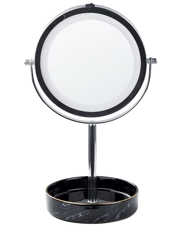 Meikkipeili hopea/musta metallikehys keraaminen alusta ø 26 cm kaksipuolinen LED-valolla