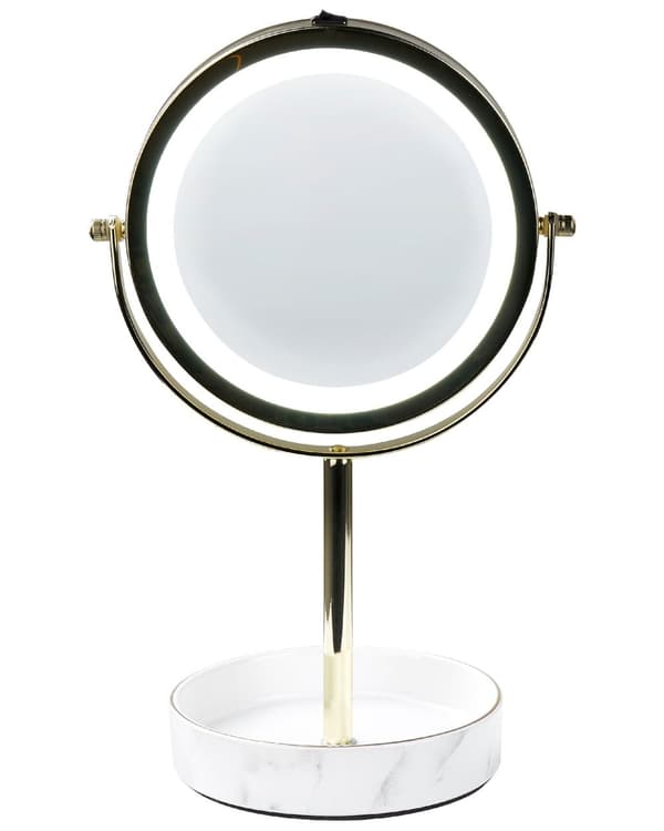 Sminkespeil Gull Hvit Jern Metallramme Keramikkbase ø 20 cm LED-lys 1x/5x forstørrelse Tosidig Moderne Tilbehør Baderom
